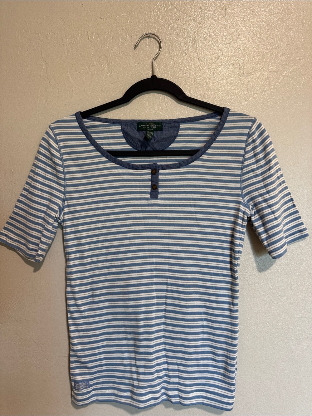 Ralph Lauren Blue White Striped Short Sleeve Top Petite M